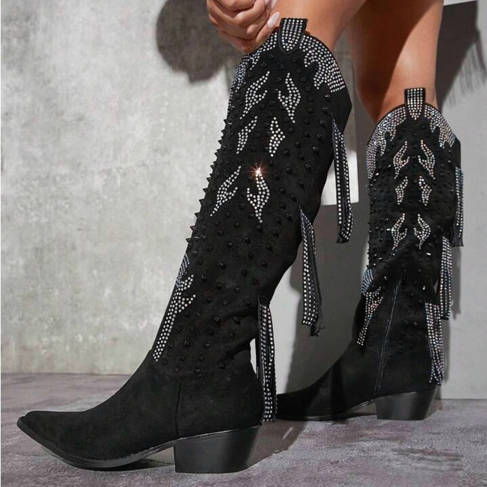 Black Fringe Studded Cowboy Boots - Suede Like fringe knee high boots Size 9